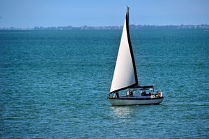 Longboat Key: Tranquil Beaches & Upscale Charm on Florida’s Gulf Coast 9 White sailboat with a tall triangular sail cruising across calm blue coastal waters, with passengers aboard and a distant shoreline beneath a clear sky.