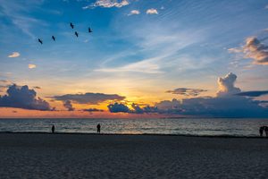 Beautiful beach sunset featuring golden-orange light along the ocean horizon, dramatic blue skies, scattered clouds, seabirds flying overhead, and visitors enjoying the peaceful sandy shoreline.
