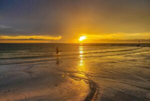 Person on a beach at sunset at the ocean.