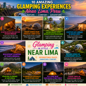 Colorful collage featuring 10 glamping destinations near Lima, Peru, including coastal cliffside tents, desert domes near Paracas, countryside retreats, beachfront glamping, river valley domes, mountain camps, stargazing eco-camps, and luxury oasis accommodations surrounded by spectacular landscapes