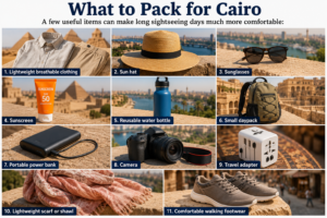 Cairo, Egypt – Museums, Bustling Markets, Ancient Mosques & Unforgettable Adventures 16 What to pack for Cairo, Egypt, including lightweight clothing, sun hat, sunglasses, sunscreen, reusable water bottle, daypack, power bank, camera, travel adapter, scarf and comfortable walking shoes.