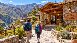 Colca Canyon Eco Retreat – Sustainable Glamping in the Andes 5 Two travelers carrying backpacks walk along a stone pathway toward a beautiful eco-lodge at Colca Canyon, Peru, surrounded by dramatic Andean mountains, colorful gardens, rustic stone architecture, and breathtaking canyon views.