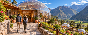 Luxury Dome Camp, Ollantaytambo: Glamping In The Heart Of The Sacred Valley 6 Luxury geodesic dome glamping resort in Ollantaytambo, Peru, featuring two travelers walking toward a glass-domed hotel surrounded by beautiful gardens, stone pathways, and breathtaking Andes mountain scenery.