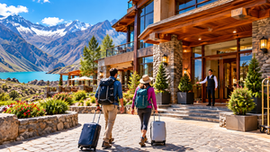 Embalse El Yeso Camps: Adventure & Scenic Beauty in the Andes 4 Two travelers carrying backpacks and rolling suitcases walk toward a beautiful mountain hotel near Embalse El Yeso in Cajón del Maipo, Chile. The lodge features stone and timber architecture, colorful gardens, outdoor terraces, a welcoming entrance, and spectacular views of turquoise water and snow-covered Andes Mountains.