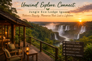 Inspirational closing image of Jungle Eco-Lodge Iguazu featuring a luxury rainforest lodge overlooking the magnificent Iguazu Falls at sunset, with lush tropical forest, scenic waterfalls, and a peaceful outdoor deck celebrating sustainable travel and unforgettable nature experiences.