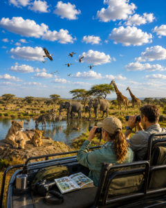 A wide safari adventure scene featuring travelers in an open safari vehicle using binoculars to observe wildlife around a watering hole. Elephants, giraffes, zebras, lions, and birds appear throughout the bright African landscape while optics gear, cameras, and wildlife guides sit inside the vehicle under a blue daytime sky.