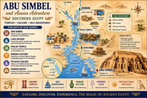 Abu Simbel and Aswan adventure map showing Lake Nasser, Philae Temple, Kom Ombo, Nubian villages, Nile sailing, and southern Egypt attractions.