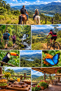 Colorful collage of outdoor adventures near Mairiporã, São Paulo, Brazil, featuring horseback riding through green hills, forest hiking beside a waterfall, mountain biking, a toucan, a blue butterfly, scenic countryside views, traditional Brazilian food, and an open-air farmhouse dining terrace.