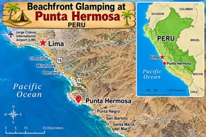 Location map showing Punta Hermosa along Peru's Pacific coastline, south of Lima, highlighting the coastal destination for beachfront glamping and outdoor adventures.