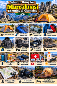 Colorful camping gear checklist collage for Marcahuasi Stone Forest, Peru, featuring a mountain campsite with a tent, cold-weather sleeping bag, insulated sleeping pad, warm clothing, waterproof jacket, gloves, winter hat, headlamp, hiking boots, drinking water, food, power bank, first-aid supplies, sunscreen, sunglasses, navigation map, camera, and glamping dome.