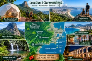 Eco Dome Retreat, Pedra Bonita – Luxury Glamping in Rio’s Rainforest 2 Eco Dome Retreat location and surroundings in Rio de Janeiro featuring Tijuca National Park, Pedra Bonita, Pedra da Gávea, rainforest waterfalls, beaches, Santa Teresa, and Lapa.