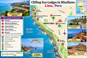 Clifftop Eco-Lodges In Miraflores 5 Illustrated map of Clifftop Eco-Lodges in Miraflores, Lima, Peru, highlighting the Pacific coastline, Larcomar, Malecón de Miraflores, Parque Kennedy, Huaca Pucllana, Barranco, beaches, scenic trails, and paragliding.