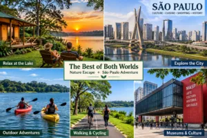 Lakeside Cabins At Represa De Guarapiranga: A Waterside Glamping Escape 4 Collage combining a peaceful lakeside nature escape near Represa de Guarapiranga with kayaking, cycling, walking, and São Paulo city attractions.