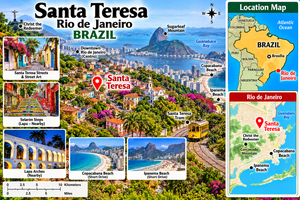 Luxury Yurt, Santa Teresa – Bohemian Comfort in Rio’s Artsy Beach District 7 Colorful illustrated travel map of Santa Teresa in Rio de Janeiro, Brazil, featuring historic hillside neighborhoods, colorful colonial buildings, the Santa Teresa tram, Sugarloaf Mountain, Christ the Redeemer, Guanabara Bay, Copacabana Beach, and Ipanema Beach. Includes mini maps showing Santa Teresa's location within Rio de Janeiro and Brazil.