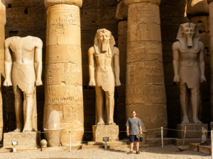 Karnak Temple – Luxor, Egypt: Gateway To Ancient Wonders 2 Ancient Egyptian statues and massive hieroglyph-covered columns at a temple in Luxor, Egypt, with a visitor standing among the monuments.