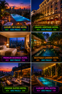 Wide São Paulo luxury hotel collage featuring six upscale hotels with rooftop skyline pools, elegant suites, grand historic architecture, tropical garden retreats, rooftop lounges, and luxury spa resorts glowing at sunset and nighttime.