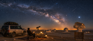 Stargazing beneath the Milky Way in Egypt’s White Desert with a telescope, 4×4 safari vehicle, lanterns, and unusual chalk rock formations.