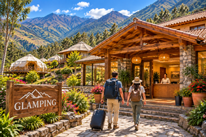 Highland Glamping in Antioquía, Peru: Mountain Retreats & Scenic Adventures 5 Two travelers with backpacks and luggage walking toward a luxury glamping resort reception, surrounded by white glamping domes, colorful gardens, and spectacular Andean mountain scenery.