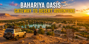 Bahariya Oasis in Egypt with palm groves, desert scenery, a 4×4 safari vehicle, traditional buildings, and mountains illuminated by sunset.