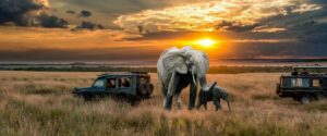 Uganda Safari – Gorilla Trekking & Wildlife Adventures 1 Two elephants and two jeeps on the plains with tall hay and the sunset.