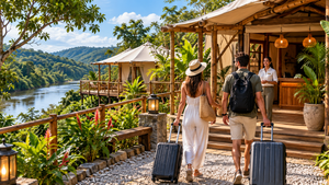 Guararema Riverside Glamping, Brazil: A Peaceful Escape by the Water 6 Couple walking with suitcases toward a luxury riverside glamping lodge, surrounded by tropical greenery, wooden cabins, scenic river views, and forested hills inspired by Guararema, São Paulo, Brazil.