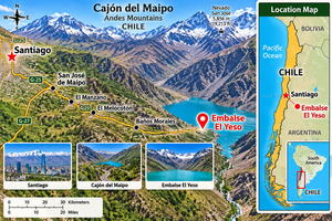 Embalse El Yeso Camps: Adventure & Scenic Beauty in the Andes 5 Illustrated travel map of Embalse El Yeso in Cajón del Maipo, Chile, featuring a turquoise mountain reservoir, snow-covered Andes Mountains, Santiago, San José de Maipo, El Manzano, El Melocotón, and Baños Morales. Includes scenic landscape images and a mini map showing the destination's location in Chile, South America.