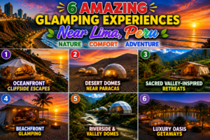 Colorful collage showcasing six unique glamping experiences near Lima, Peru, including oceanfront cliffside tents, desert dome accommodations near Paracas, mountain retreats, beachfront glamping, riverside domes, and luxury oasis escapes.