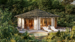 🌞💦🌊🌈 Iguazu Falls Glamping Hub: Nature, Waterfalls & Rainforest Adventures🌴🐒 2 Glamping dome with large windows on a wooden platform featuring lounge chairs and a hot tub in the middle of a lush rainforest.