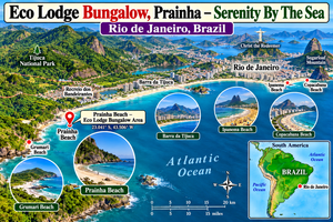 Illustrated location map of Eco Lodge Bungalow, Prainha – Serenity By The Sea, Rio de Janeiro, Brazil. Highlights Prainha Beach, Grumari Beach, Barra da Tijuca, Copacabana, Ipanema, Sugarloaf Mountain, Christ the Redeemer, and Tijuca National Park. A mini map of South America shows Rio's location along Brazil's Atlantic coast.