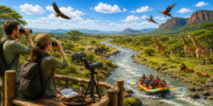 A wide panoramic outdoor adventure scene featuring people using binoculars and optics from a scenic wooden viewing deck overlooking a winding river through a vast safari landscape. Wildlife including giraffes, elephants, lions, colorful birds, and a rafting group in a rainbow-colored raft appear throughout the vibrant daytime scenery with mountains and blue skies in the distance.