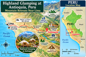 Highland Glamping in Antioquía, Peru: Mountain Retreats & Scenic Adventures 7 Illustrated map of Highland Glamping at Antioquía, Peru, showing Lima, Cieneguilla, the Andes Mountains, scenic valleys, hiking areas, and a Peru mini map highlighting Antioquía's location near Lima.