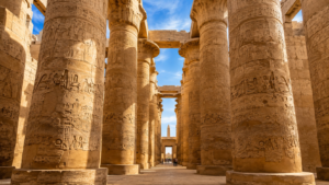 Karnak Temple – Luxor, Egypt: Gateway To Ancient Wonders 7 Great Hypostyle Hall at Karnak Temple in Luxor, Egypt, featuring massive sandstone columns covered with ancient hieroglyphs beneath a bright blue sky.