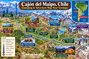 Glamping In Cajón Del Maipo: Andes Luxury Camping Near Santiago, Chile 5 Map of Cajón del Maipo, Chile, showing Santiago, San José de Maipo, San Alfonso, San Gabriel, Maipo River, Embalse El Yeso, El Morado Glacier, Baños Morales hot springs, glamping areas, and adventure attractions.