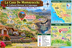 Colorful illustrated travel map of La Casa De Mamayacchi in Coporaque, Peru, featuring Colca Canyon, Chivay, Yanque, La Calera Hot Springs, Andean mountain scenery, nearby attractions, and a mini location map.