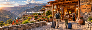 Scenic illustration of Llahuar Lodge in Colca Canyon, Peru, featuring travelers walking with luggage toward a welcoming mountain lodge entrance. Rustic stone architecture, wooden balconies, colorful gardens, dramatic Andean mountains, and a winding canyon river create a beautiful sunset retreat.