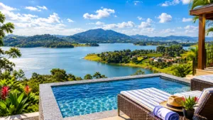 Lakeside Cabins At Represa De Guarapiranga: A Waterside Glamping Escape 1 Scenic lakeside retreat overlooking Represa de Guarapiranga with an infinity pool, lounge chairs, lush greenery, and distant hills near São Paulo, Brazil.