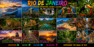 Wide 15-image Rio de Janeiro travel collage featuring cruise ships, tropical beaches, rainforest waterfalls, colorful parrots, jungle monkeys, local street markets, Sugarloaf Mountain, Christ the Redeemer, carnival celebrations, scenic rivers, and vibrant jungle wildlife surrounding Rio’s iconic landscapes.