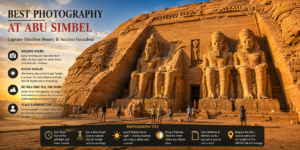 Abu Simbel Great Temple in Egypt illuminated by golden sunlight, with the colossal statues of Ramses II and visitors photographing the ancient monument.