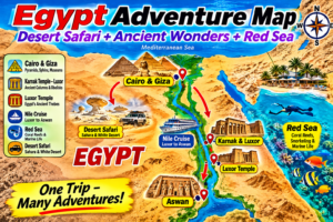 Illustrated Egypt adventure map showing Cairo and Giza, the Sahara and White Desert safari region, Luxor, Karnak Temple, Aswan, the Nile River cruise route, and Red Sea destinations.