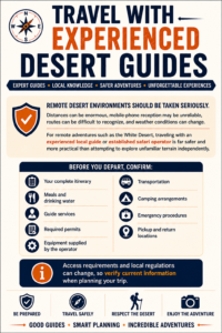 Experienced desert guide helping a traveler navigate Egypt’s remote desert, with White Desert formations, a 4×4 safari vehicle, desert camping, and camel trekking.