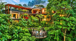 Clifftop Eco-Lodges In Miraflores 1 Luxury eco-lodge surrounded by lush tropical forest with modern balconies, warm lighting, and guests enjoying a raised viewing deck among the trees.