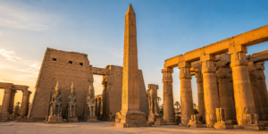 Luxor Temple – Heart Of Ancient Thebes 5 The Luxor Temple Obelisk rising above the ancient temple complex in Egypt, surrounded by sandstone columns, statues and historic architecture in warm golden sunlight.