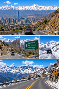 La Parva Mountain Retreat: A High-Altitude Escape in the Andes 8 Scenic travel collage illustrating the journey from Santiago, Chile, to La Parva in the Andes Mountains, featuring Santiago's skyline, winding mountain roads, vehicles traveling through rugged valleys, snow-covered mountain peaks, winter driving conditions, and a La Parva and Farellones directional sign.