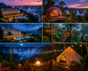 Three-image Iguazu Falls accommodation collage featuring luxury waterfall hotels, colorful glamping domes, rainforest treehouses, and a scenic yurt-style campsite with lantern lighting and jungle waterfall views.