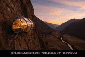 Suspended glass pod hotel suite overlooking the Sacred Valley in Peru, with panoramic mountain views and a clear blue sky.