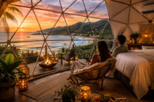 Luxury glamping dome in Florianópolis, Brazil overlooking a tropical beach at sunset with people relaxing inside, glowing lanterns, a fire pit, and scenic ocean views.