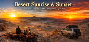 Sunrise and sunset over Egypt’s Western Desert with golden desert landscapes, unusual rock formations, a traveler resting at a desert camp, and a 4×4 safari vehicle.
