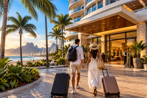 Beachfront Safari Tent, Barra Da Tijuca – Oceanfront Glamping in Rio de Janeiro 7 Couple walking with luggage toward a luxury beachfront hotel in Barra da Tijuca, Rio de Janeiro, Brazil, surrounded by palm trees, tropical landscaping, ocean views, and scenic coastal mountains.