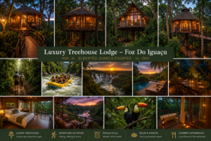 🌳 Luxury Treehouse Lodge – Foz Do Iguaçu: Elevated Jungle Escapes 1 Luxury Treehouse Lodge Foz do Iguaçu collage featuring elevated jungle treehouses, rainforest hiking, rafting adventures, scenic jungle dining, waterfall views, tropical wildlife, spa relaxation, and luxury rainforest accommodations near Iguazu Falls.
