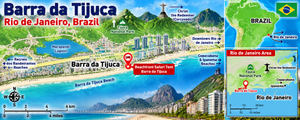 Beachfront Safari Tent, Barra Da Tijuca – Oceanfront Glamping in Rio de Janeiro 8 Illustrated wide map of Barra da Tijuca, Rio de Janeiro, Brazil, featuring Barra da Tijuca Beach, Marapendi Lagoon, Tijuca National Park, nearby coastal attractions, and mini locator maps showing Rio de Janeiro's location within Brazil.